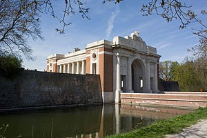 The impressive frontage of the Menin Gate memorial. The panels inside bear the names of 54,896 soldiers who died before August 1917.